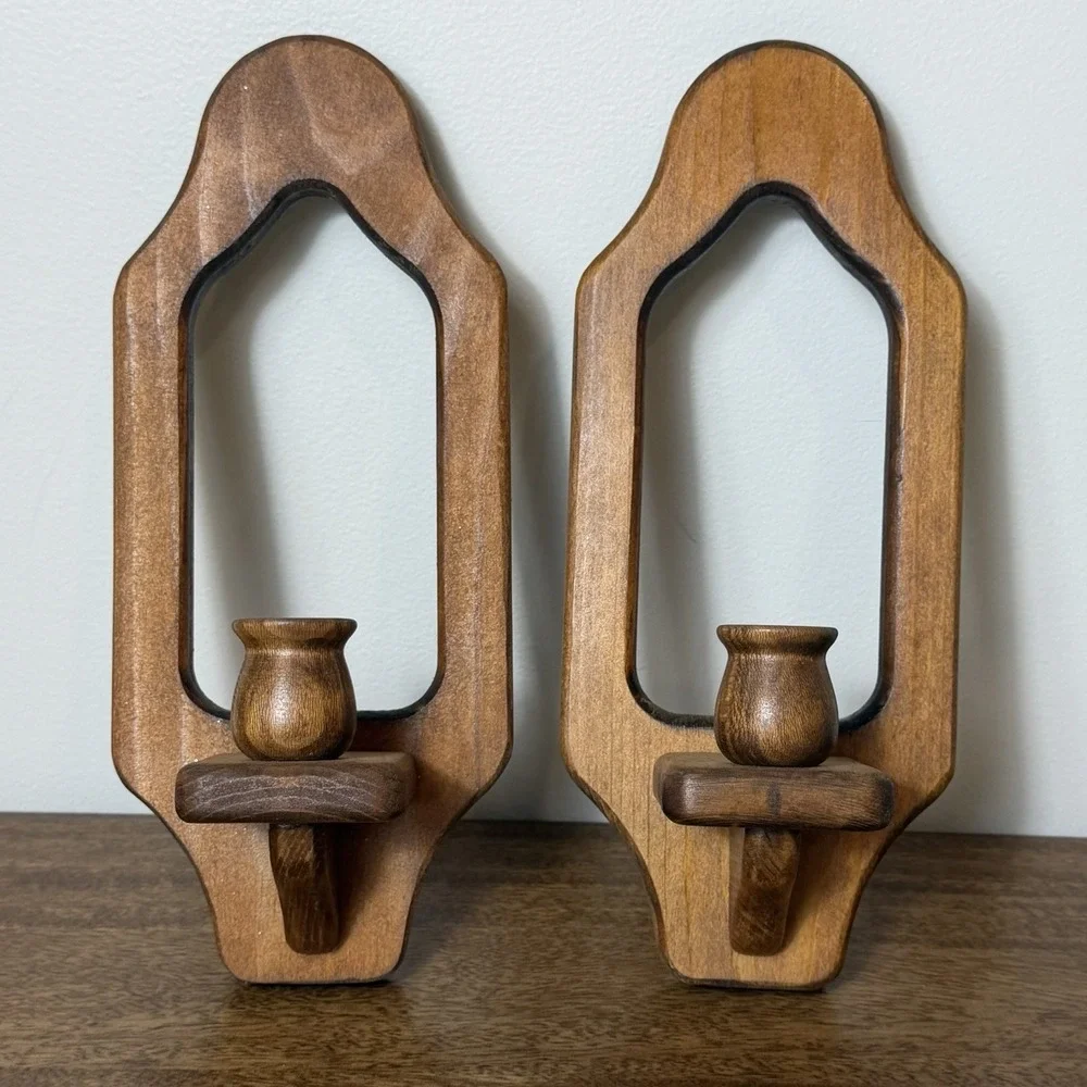 Vtg 70's MCM Wood Wall Sconces Candle Holders Cottagecore Farmhouse Rustic Set